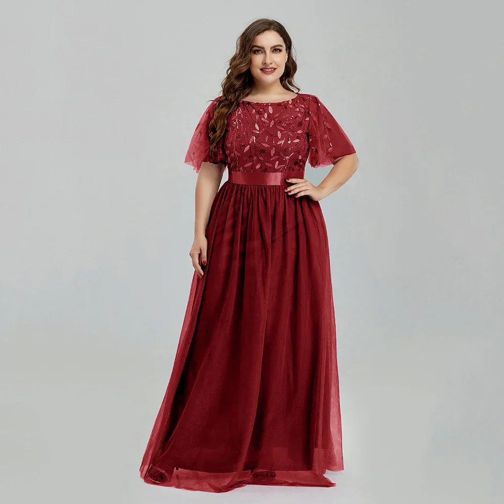 Women' Mesh A-Line Sequin Embroidery Evening Dress Leaf